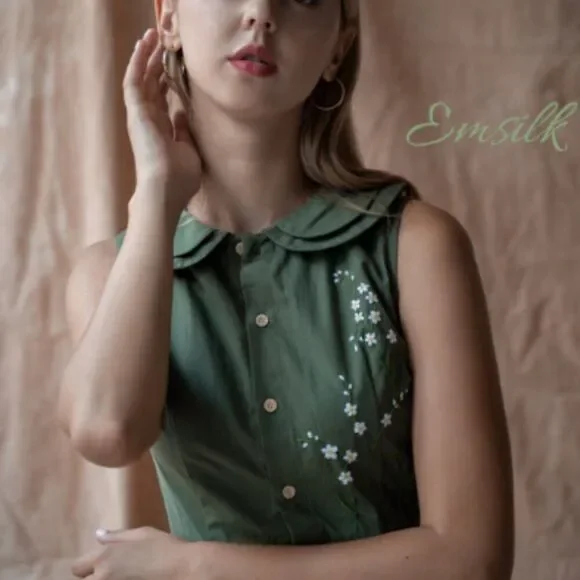 Emsilk Design Hand Embroidered Linen Dress: Olive Green Floral Tea Dress - Picture 3 of 8